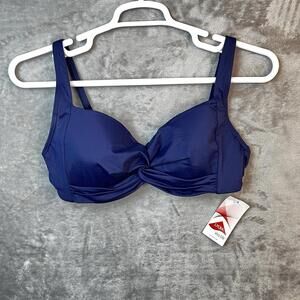 Lands' End Bikini Swim Top Womens Size 10 Navy Blue Twist Front Underwire LYCRA